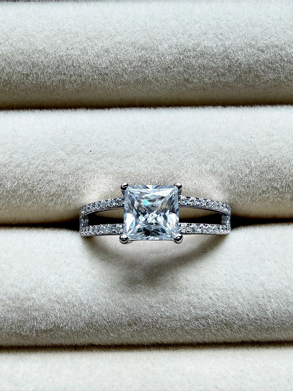NEW Moissanite Engagement Ring Princess Cut Sterling Silver GRA Certified